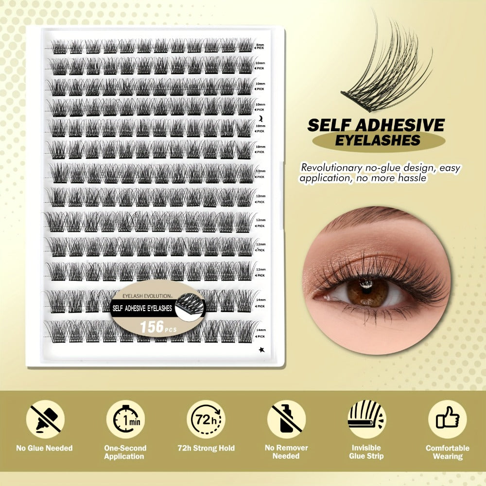 156pcs Self Adhesive Eyelashes Clusters Kit with 2 Tweezers Lash Clusters DIY Eyelashes Pre Glued Reusable No Glue Needed No Remover No Residue