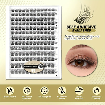 Self Adhesive Lash Clusters Kit 156 Pcs — Pre-Glued DIY Eyelashes with 2 Tweezers, Reusable No-Glue Cluster Lashes, No Remover No Residue, Natural Look False Eyelash Extension Kit