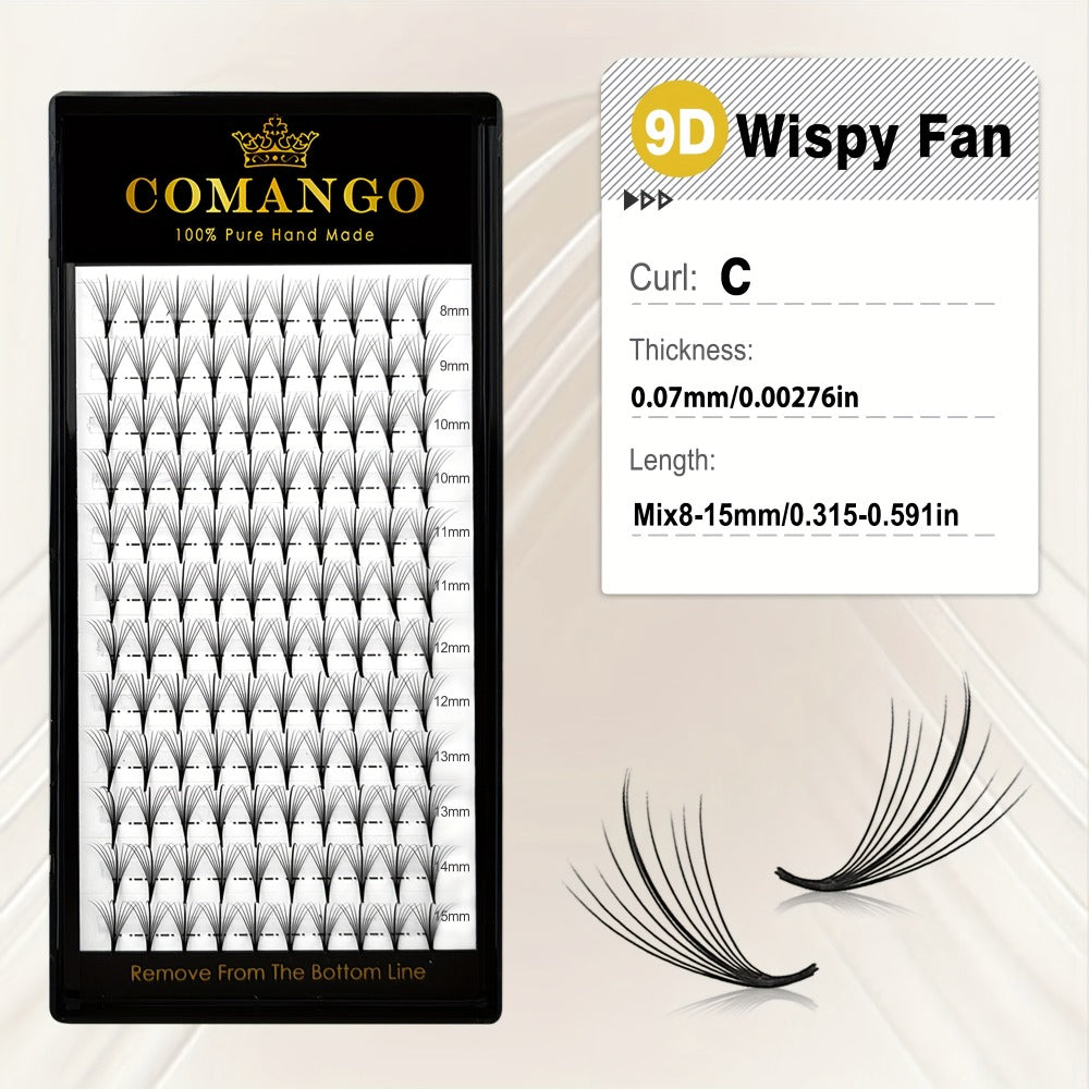 CoMango 120Fans Premade Wispy Fan Lashes - 5D/7D/9D Volume, Individual Sandwich Faux Mink Spike Stem, Fluffy Pointy Base, Natural Look, Options for Beginners, Beginner Eyelash Extensions, Fluffy Lash Extensions, Curlable Lashes Durable Adhesive