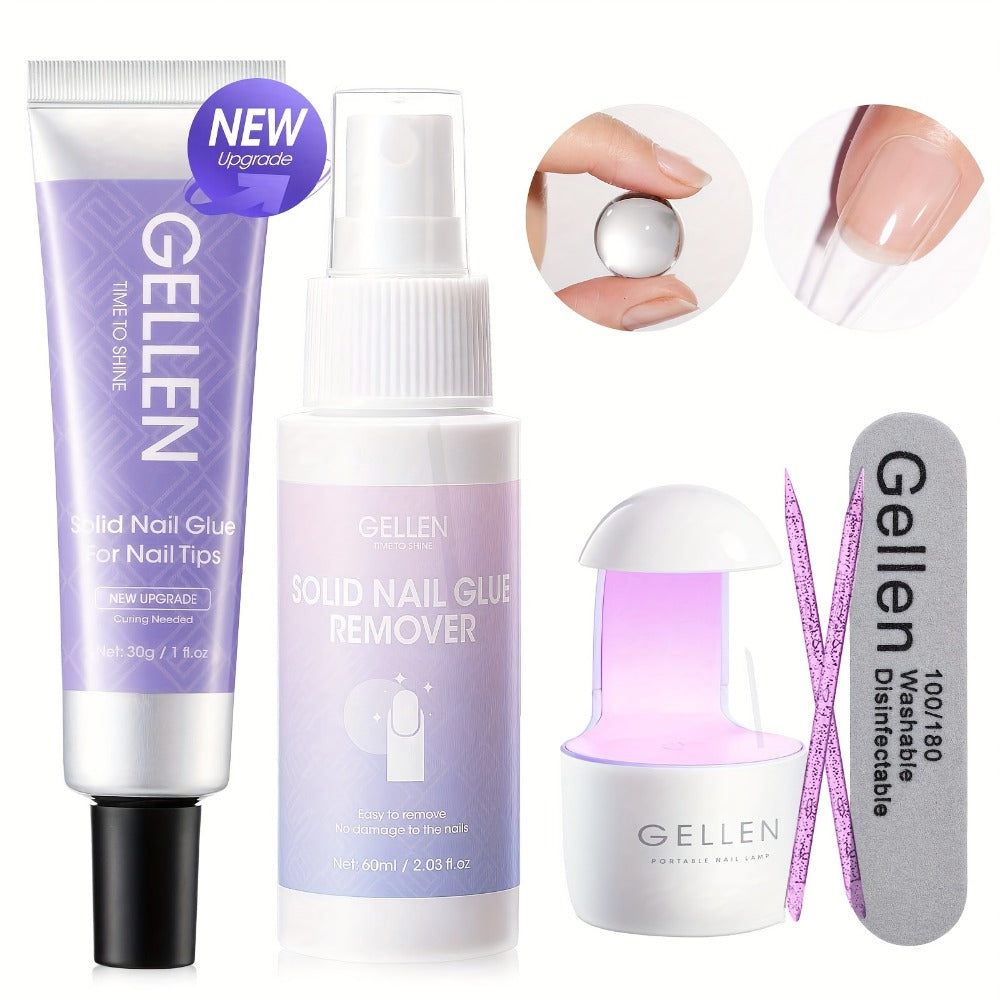 Gellen 30g Solid Nail Glue Gel & Nail Glue Remover Kit: U V Light For Nails Complete Nails Tools For Press Ons Strong Nail Glue Gel Nail Lamp For Gel Nails And Quick Press On Nail Remover, Christmas Gift For Women