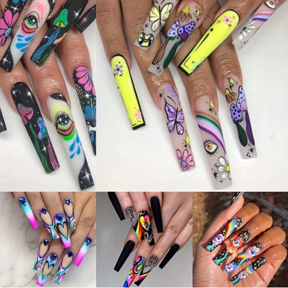 Extra Long Press On Nails 120pcs 5 Boxes Set Cosmic Eyes Crystal Rhinestones Matte Colorful Stripes Floral Pattern Glue-On Wearable Nail Art Festive Gift Set for Women Teens Party Holiday