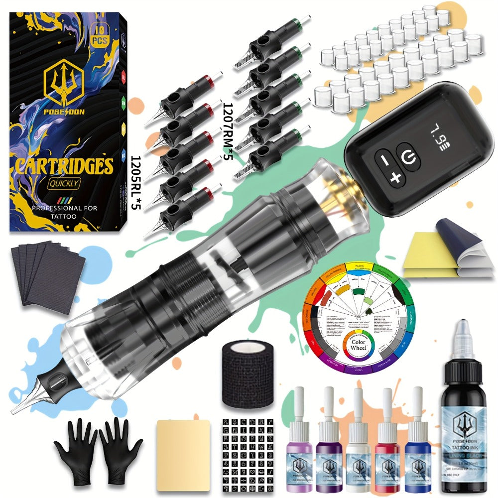 Wireless Tattoo Machine Kit Complete Set Rotary Tattoo Pen with 1400mAh Battery Digital Display 10 Cartridge Needles 6 Inks Practice Skin Beginner & Pro