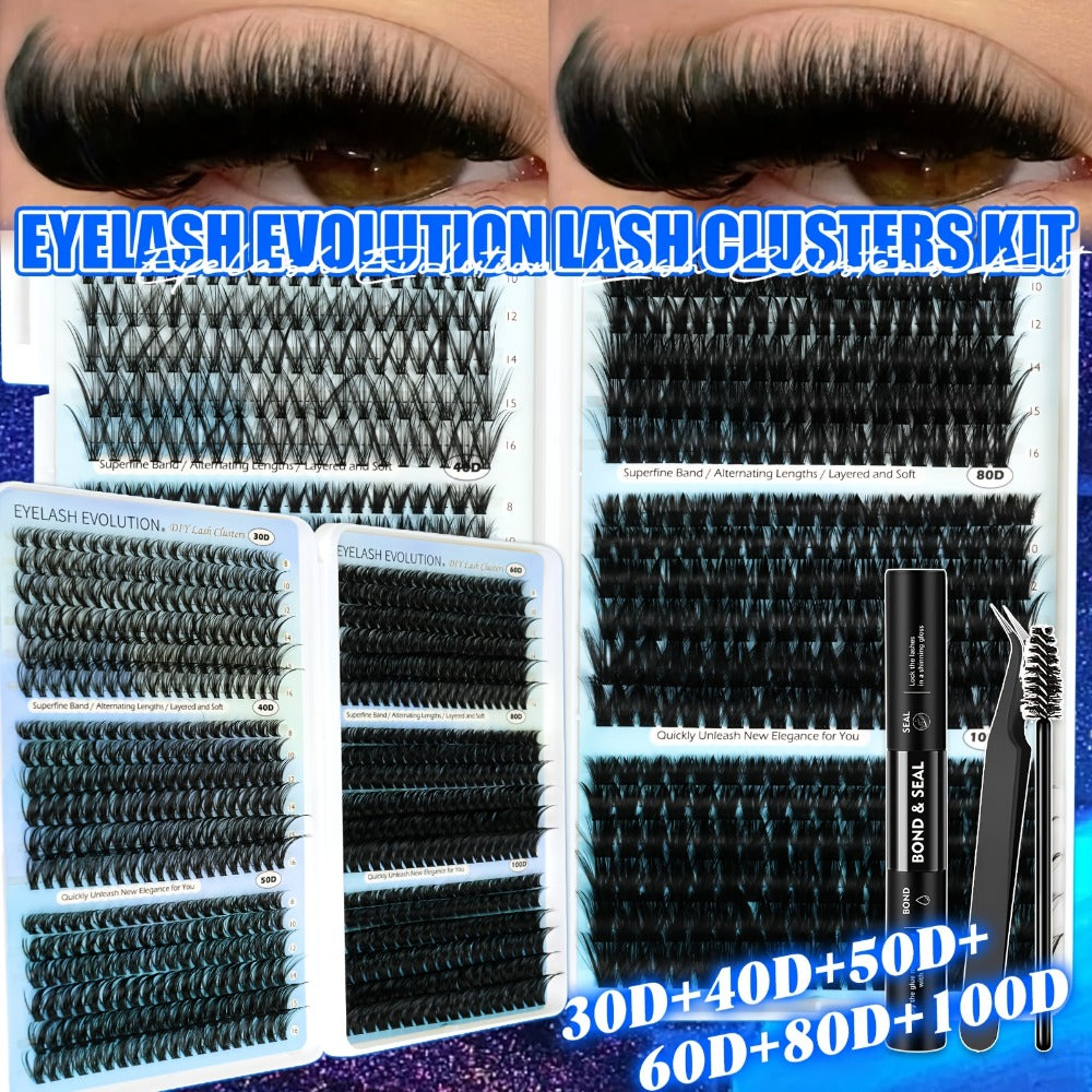 Lash Clusters Kit 720pcs Clusters Lash Extension Kit 30D-100D Eyelash Extensions Kits C Curl Individual Wispy Lashes Cluster Natural Eye Lash Trays With Glue&Tweezers For Beginners