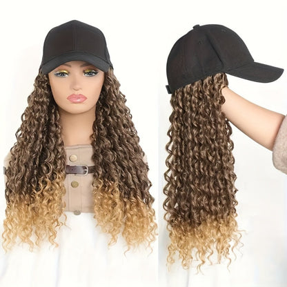 Baseball Cap Wig Afro Kinky Curly Long Synthetic - Adjustable Elastic Net Cap Hat and Wig Combo for Women 18 Inch Multi-Color