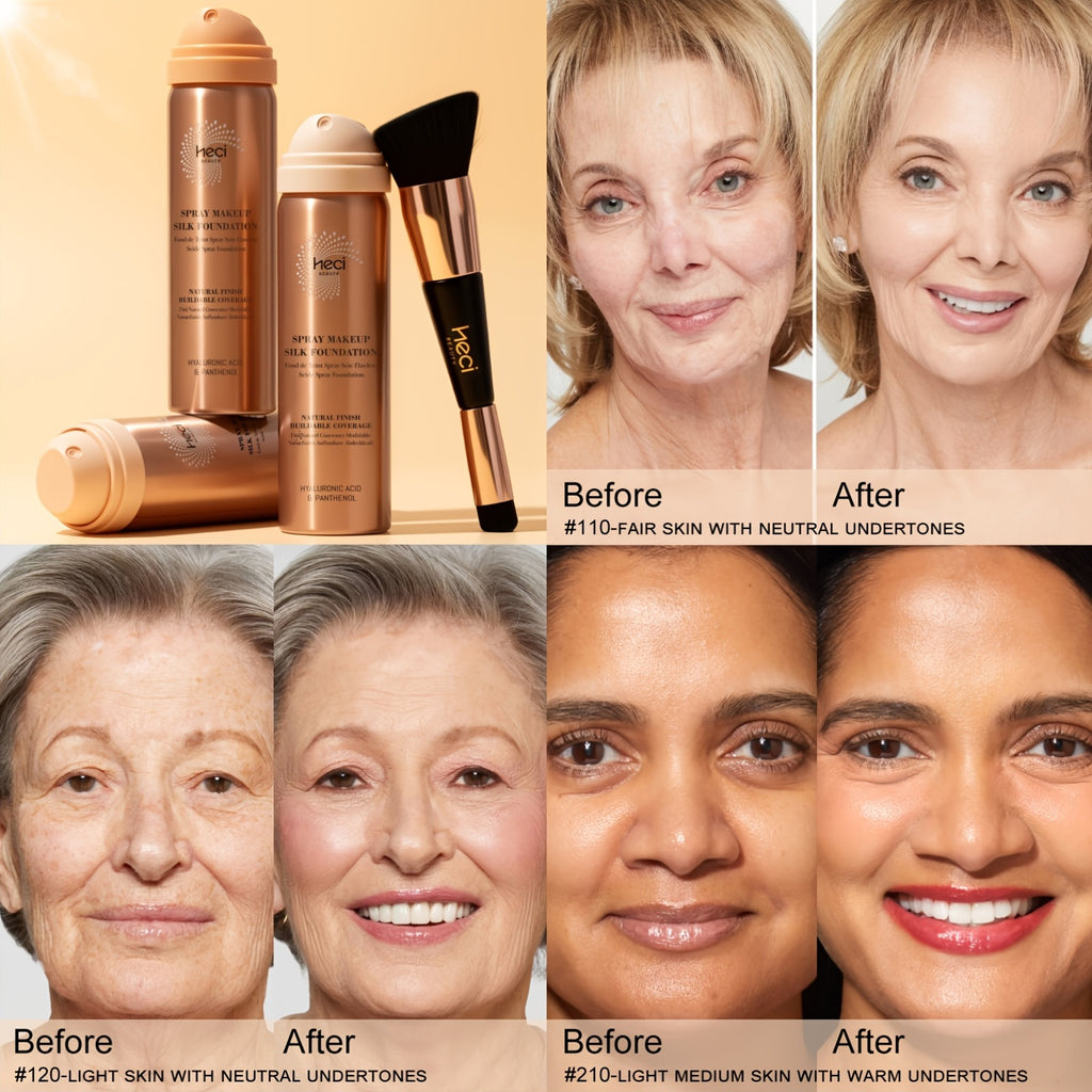 [Ideal Gift] 2pcs Spray Foundation With Brush, Liquid Foundation Makeup For Women Over 50, Panthenol & Hyaluronic Acid For Sensitive Dry Skin, Non-Sticky, Natural Flawless Makeup For Mature Skin, Ideal Holiday & Birthday& Mother's Day Gift For Her