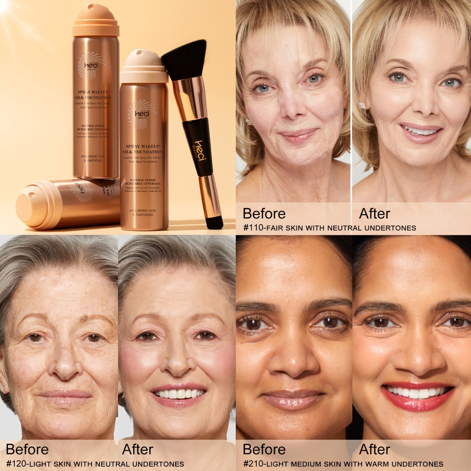 [Ideal Gift] 2pcs Spray Foundation With Brush, Liquid Foundation Makeup For Women Over 50, Panthenol & Hyaluronic Acid For Sensitive Dry Skin, Non-Sticky, Natural Flawless Makeup For Mature Skin, Ideal Holiday & Birthday& Mother's Day Gift For Her