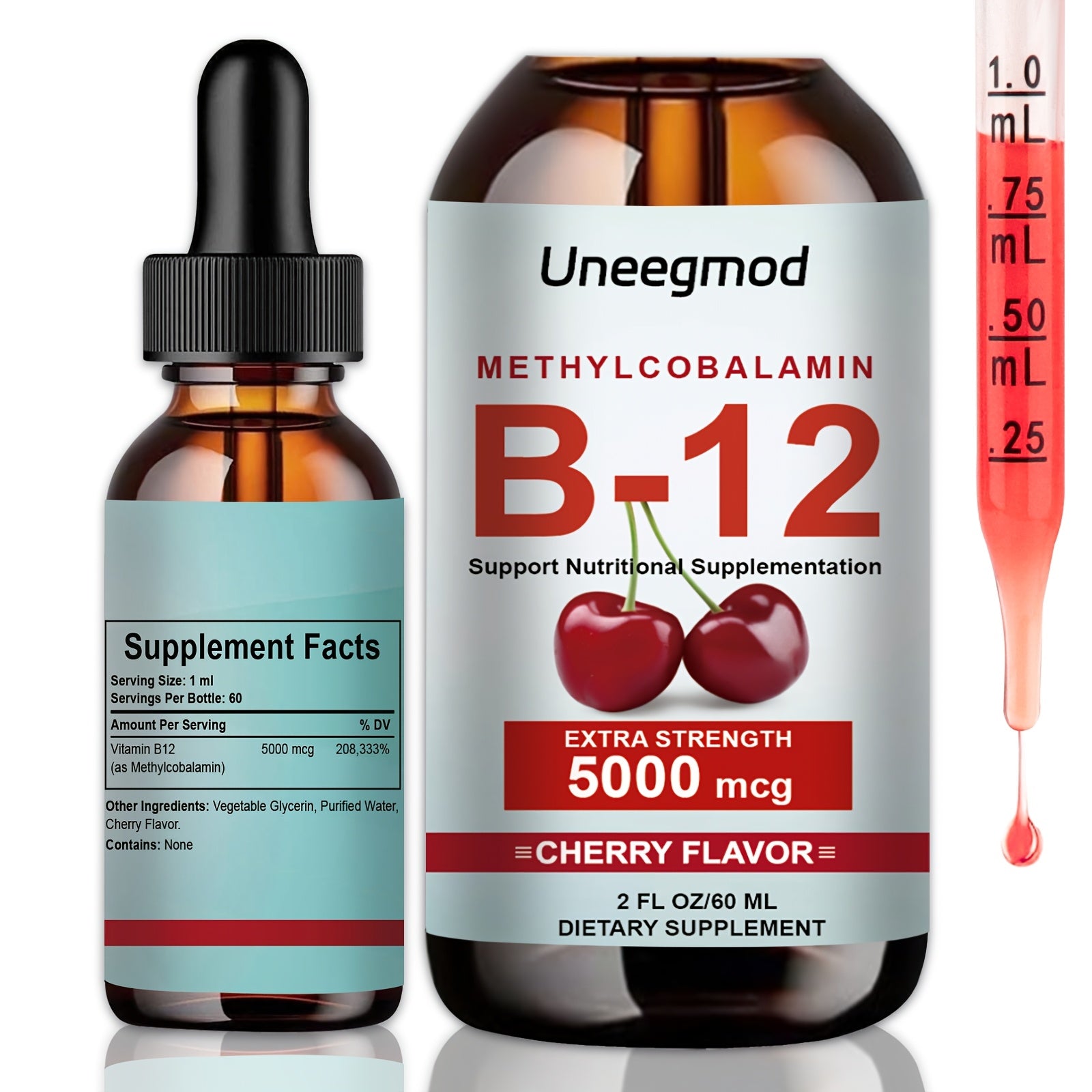 Uneegmod Vitamin B12 Liquid Drops 5000 Micrograms Cherry Flavor Sublingual B12 Drops Methylcobalamin Liquid Supplement Suitable for Both Men And Women 2 Fluid Ounces