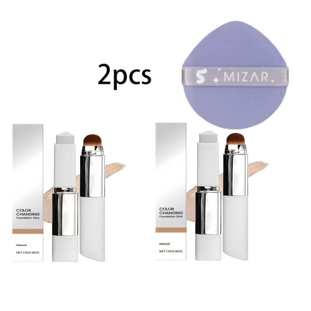 Color-Changing Foundation Stick 2PCS with Built-In Brush & Puff - Skin Tone Adapting Lightweight Matte Finish Sheer to Buildable Coverage Everyday Makeup for Women Ivory White Natural & Dark Skin