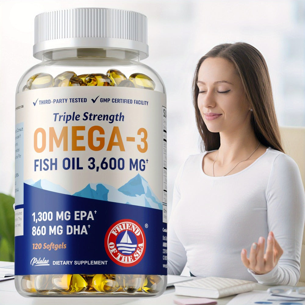 Omega 3 Fish Oil - with EPA & DHA, Omega-3, Triple Strength Omega 3 Fish Oil Supplement, for Eye Brain and Heart Health - 120pcs