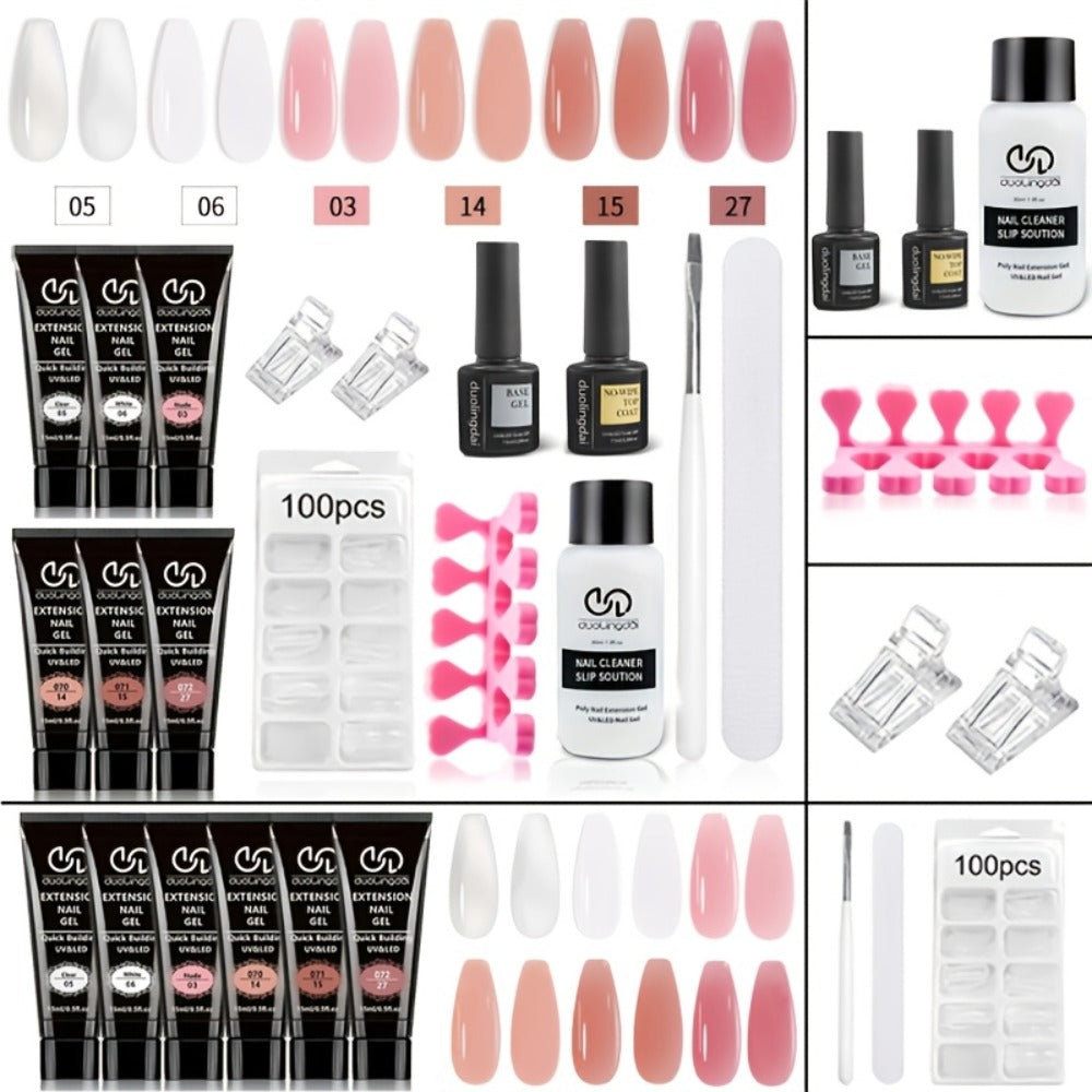 All-in-One Poly Nail Gel Kit: 6 Colors (Clear, Pink, White) Hard Builder Gel for Nail Extensions & Thickening - Long-Lasting Salon & Home Use Nail Strengthening System, French Manicure Solution for, brittle, thin Nails