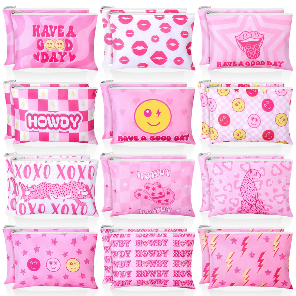 24pcs Cosmetic Bags Pink Makeup Pouches Bulk Cute Cosmetic Pouch With Zipper Women'S Gift Travel Toiletry Organizer Bags Howdy Birthday Gifts For Party Supplies