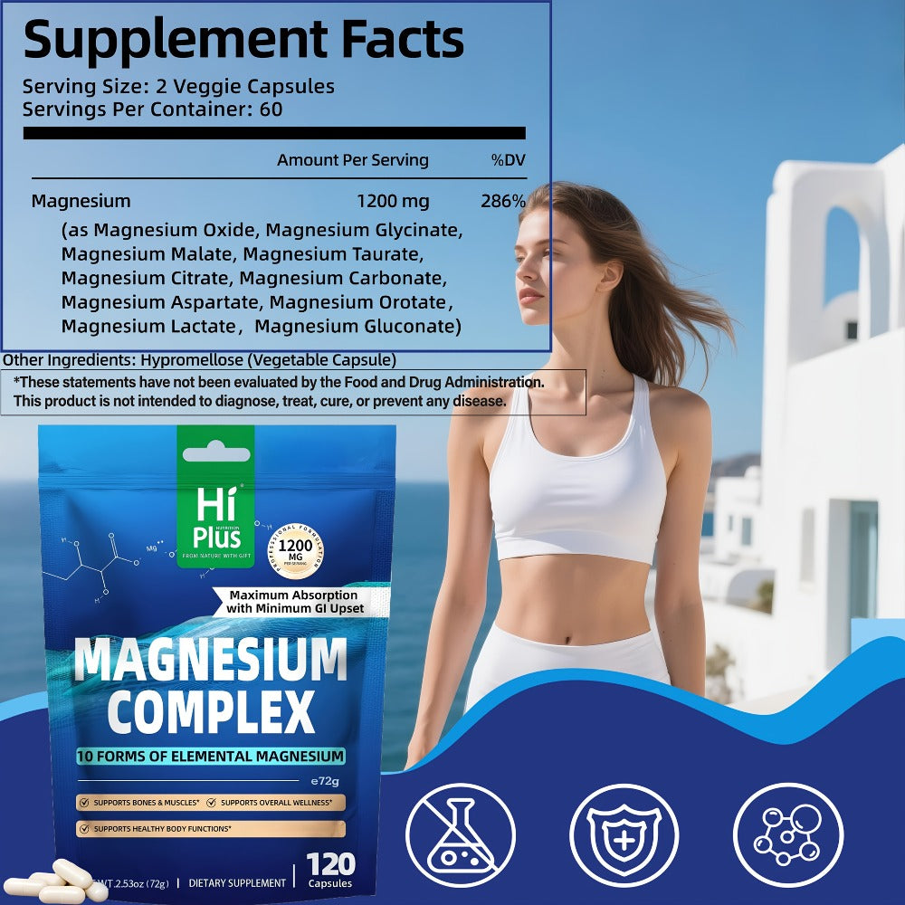 10-in-1 Magnesium Glycinate Complex (1200mg) - Full Spectrum High Absorption Blend - Supports Deep Sleep, Calm - Heart, Bone & Nerve Health - Gentle On Stomach - Vegan Supplement (120 Caps) By HiPlus