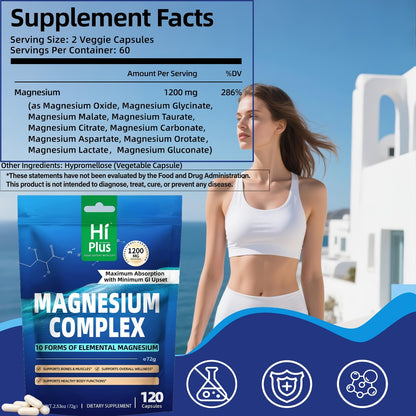 Magnesium Glycinate Complex 1200mg 10-in-1 Full Spectrum | High Absorption Blend for Deep Sleep Calm Heart Bone & Nerve Health | Gentle on Stomach Vegan 120 Capsules
