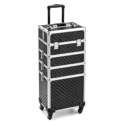 Rolling Makeup Train Case 4-in-1 Aluminum Lockable 4 Removable Wheels Collapsible Trays DIY Compartments Telescopic Rod Cosmetic Organizer Trolley for Makeup Artists Salon Travel Black Pink Rhinestone