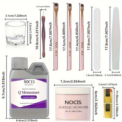 Acrylic Nail Kit 120g Complete Starter Set - Pink Peach Crystal Powder Monomer Liquid Nail Brush Forms 10pcs for Nail Extensions Salon Home