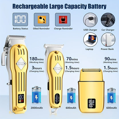 Grooming Combo Set for Men Hair Clipper Foil Shaver Detail Trimmer Adjustable Blades USB Rechargeable LCD Display Complete Accessories Home Barbershop Kit