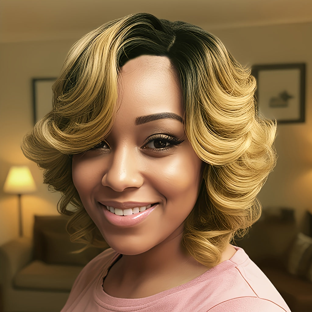 Local Warehouse Wigs for Women Ombre Blonde Wave Wigs with Dark Roots Synthetic Wave Bob Wig for Women Synthetic Curly Haircut Wig Trendy Style Wigs for Halloween Christmas Party Easy-to-Wear Beginner Friendly
