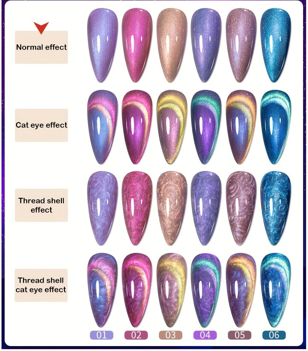 Cat Eye Gel Nail Polish 6Pcs Set Aurora Magnetic 9D Glitter Pearl Shell Effect Semi-Permanent Soak-Off UV LED Gel Varnish Nail Art Kit for Home Salon Manicure Gift for Women