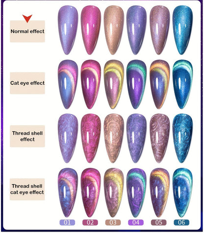 Cat Eye Gel Nail Polish 6Pcs Set Aurora Magnetic 9D Glitter Pearl Shell Effect Semi-Permanent Soak-Off UV LED Gel Varnish Nail Art Kit for Home Salon Manicure Gift for Women