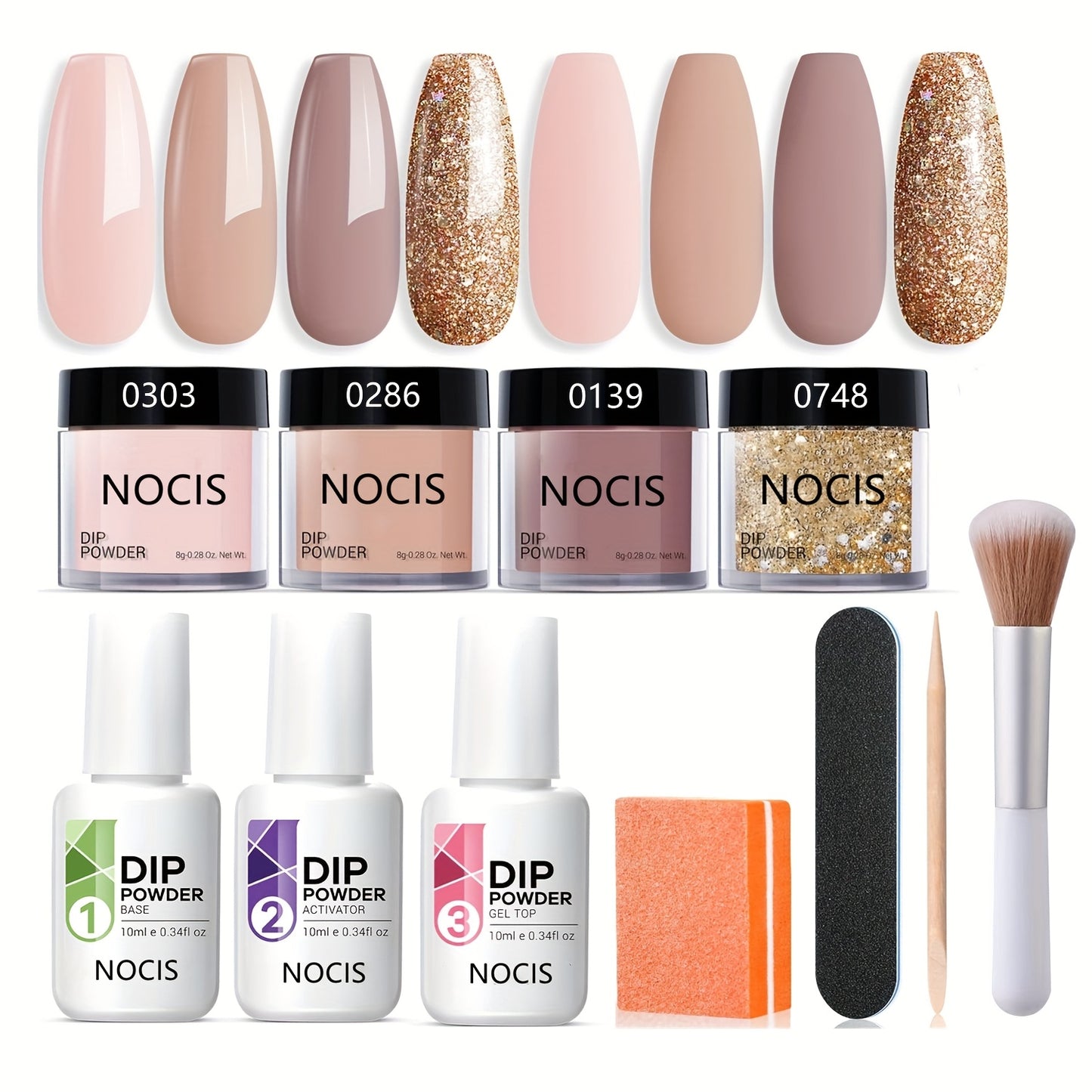 Dip Powder Nail Kit 11pcs Starter Set - 4 Colors Nude Skin Tones Golden Glitter Acrylic Dipping Powder with Base Coat Top Coat Activator French Nail Art Manicure Gift Set