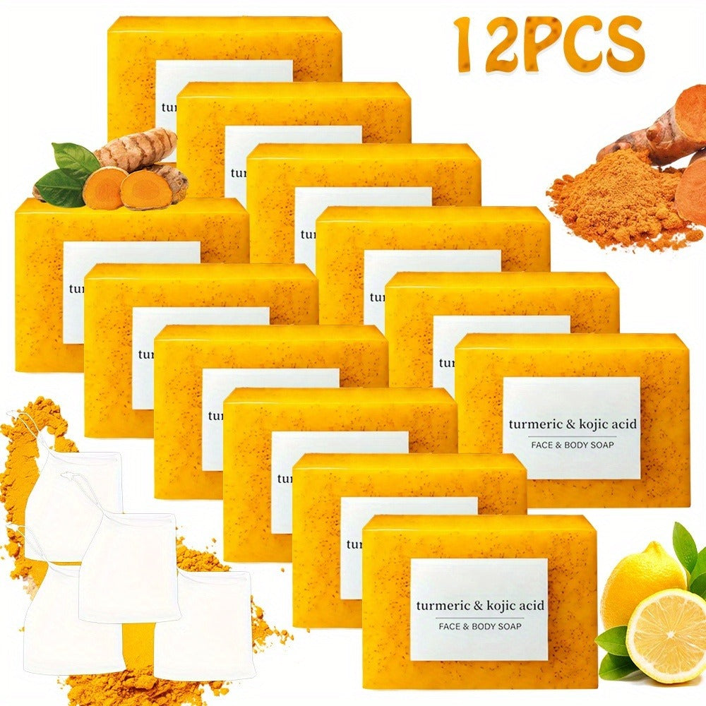 12*100G Turmeric Kojic Acid Soaps with 4 Bubble Nets - Ginger, Lemon & Kojic Acid for Skin, Handmade & Moisturizing, Gentle & Non-Irritating, Ideal Gift, Travel-Ready, Unisex