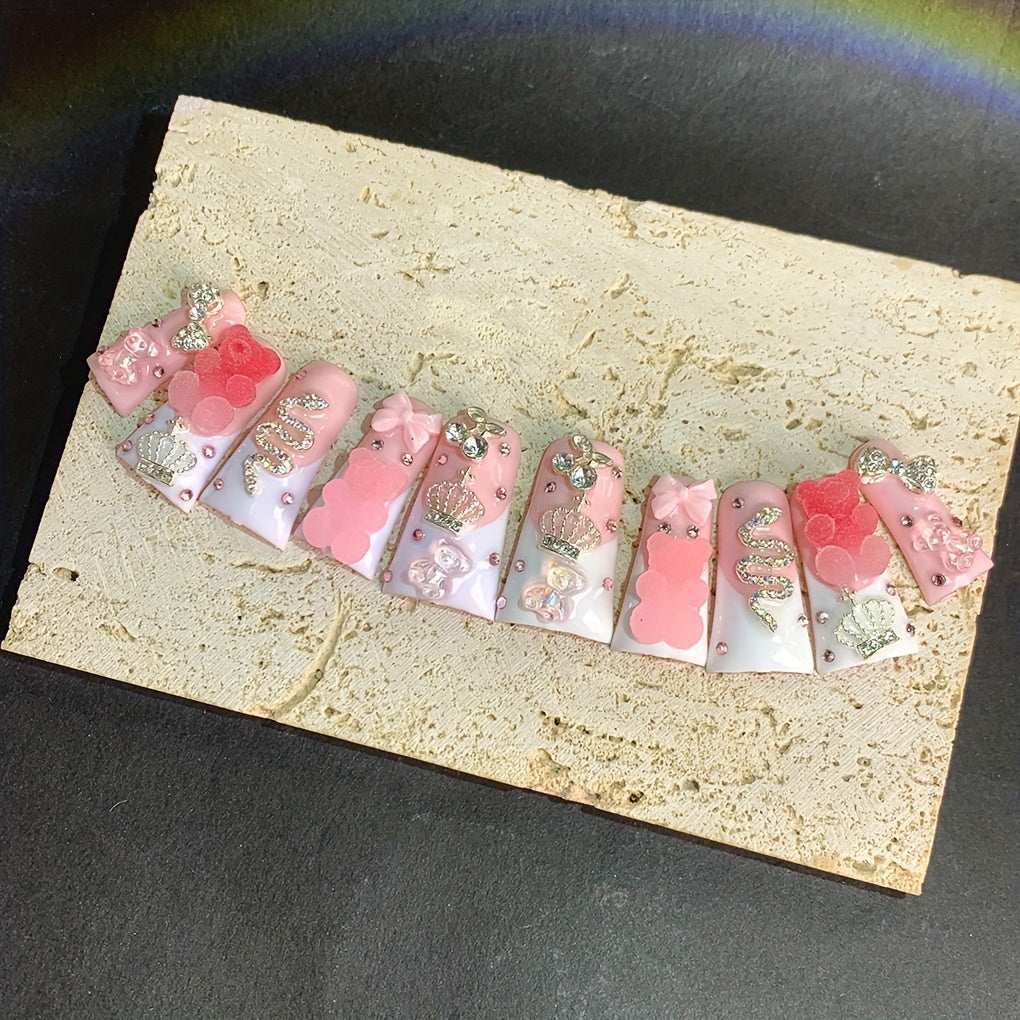 10pcs 1.18inch Long Duckbill Sugar Bear Press-On Nails, Pink And White French Glitter AB Multi-Color Glass Rhinestones, Cute Cartoon And Sparkling End, Handmade Wearable False Nails for Wedding, Party, Back-To-School Gifts