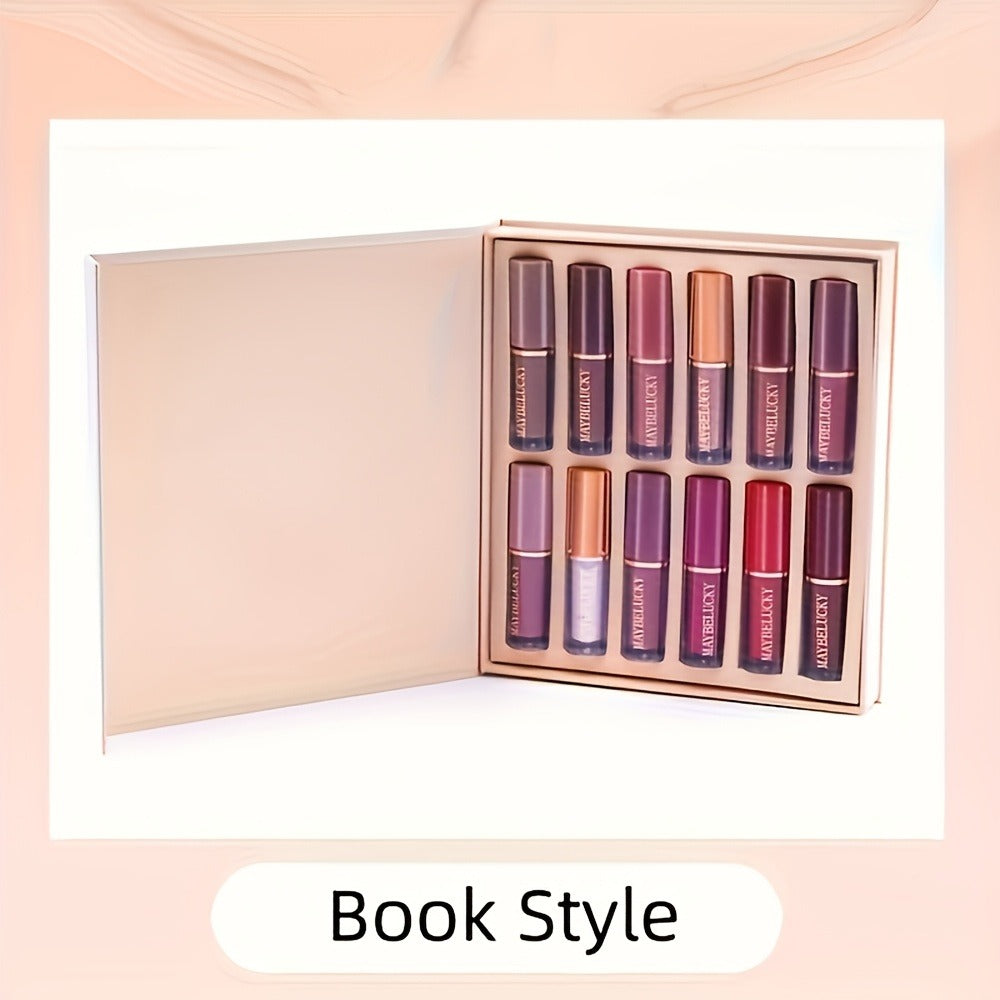 Velvet Matte Liquid Lipstick Set 12 Pcs - Book Style Gift Box, Long-Lasting Non-Transfer Shimmer & Nude Shades, Perfect Christmas & Valentine's Day Gift for Women