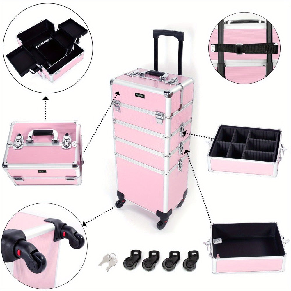 OmySalon 4in 1 Rolling Makeup Train Case, Aluminum Makeup Travel Organizer Cosmetic Case, Cosmetology Display Suitcase On Wheels, Beauty Storage Luggage Lockable W/4 Removable Wheels, Valentines Day Gift for Her, Valentine's Day And Other Festivals