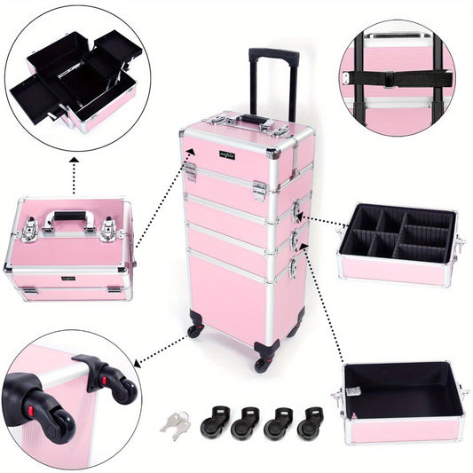 OmySalon 4in 1 Rolling Makeup Train Case, Aluminum Makeup Travel Organizer Cosmetic Case, Cosmetology Display Suitcase On Wheels, Beauty Storage Luggage Lockable W/4 Removable Wheels, Valentines Day Gift for Her, Valentine's Day And Other Festivals
