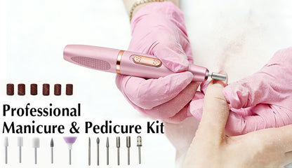 Electric Nail Drill Machine Professional Variable Speed 11-Bit Kit — Portable Nail Grinder for Gel Acrylic Nails, Manicure Buffing & Removal, 11 Replaceable Heads, Pink