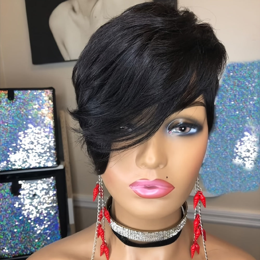 Short Pixie Cut Wig with Bangs Black & Blonde — Layered Style, Brown Blonde Mix, Rose Net Cap, Synthetic Wig for Black Women, 4 Inch Daily Wear