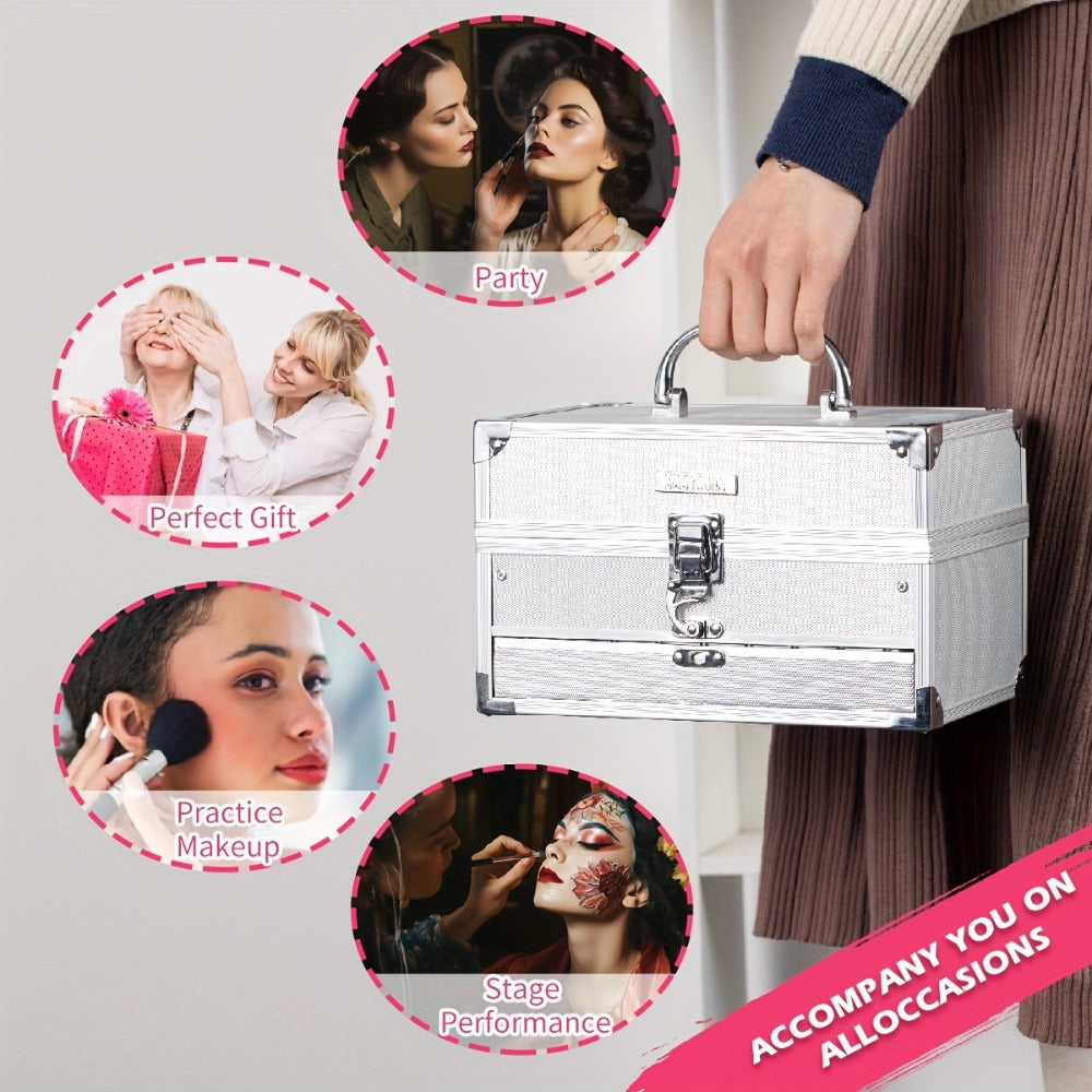 Makeup Kit Gift Box Silvery Multi-Functional Set with Mirror, Lipstick, Eyeshadow & Blush - Portable Long-Lasting Cosmetic Kit for Beginners & Teens, Multiple Shades, Perfect Gift for Women