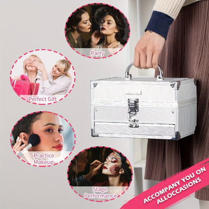 Makeup Kit Gift Box Silvery Multi-Functional Set with Mirror, Lipstick, Eyeshadow & Blush - Portable Long-Lasting Cosmetic Kit for Beginners & Teens, Multiple Shades, Perfect Gift for Women