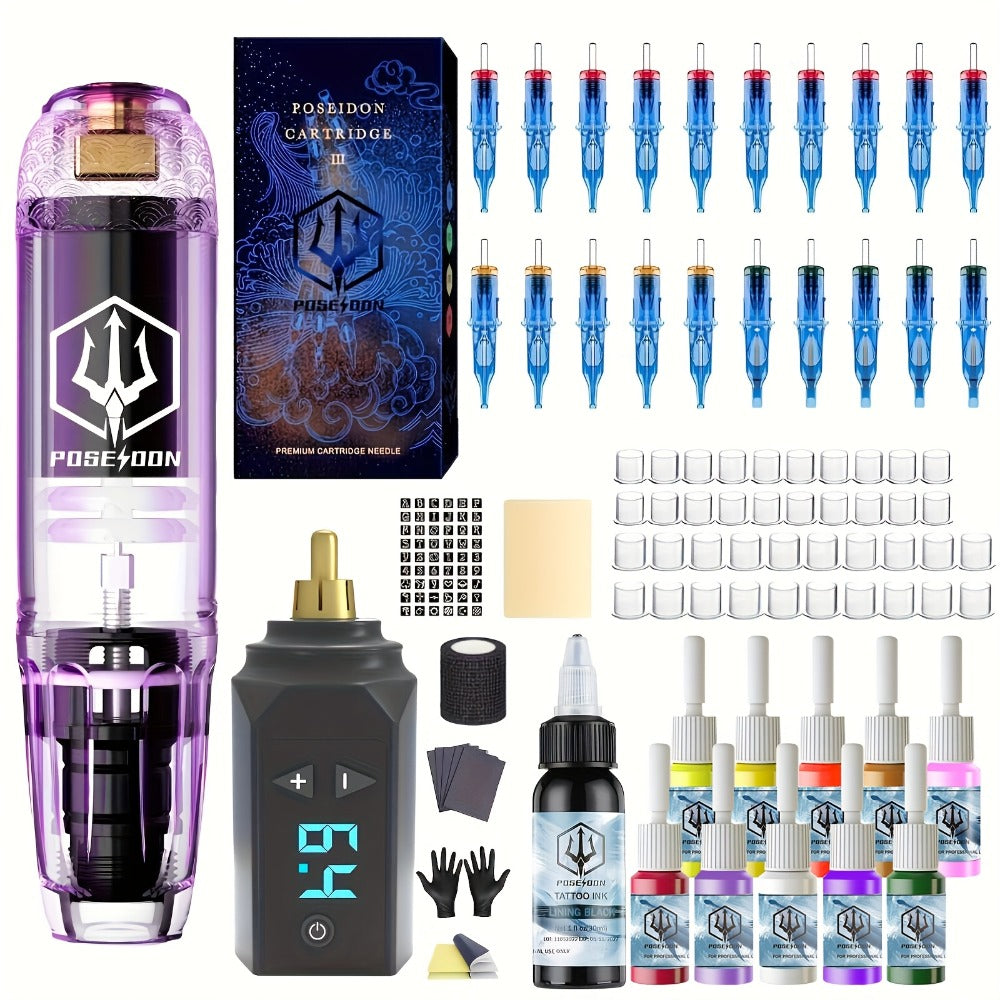 Tattoo Pen Kit - POSEIDON Wireless Tattoo Machine Kit, Tattoo Gun Kit with Tattoo Power Supply and 20pcs Tattoo Cartridge Needles, Complete Tattoo Kit Tattoo Supplies for Beginners