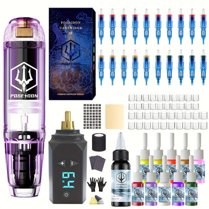 Tattoo Pen Machine Kit Wireless Rotary Tattoo Gun with LED Display Coreless Motor Complete Tattoo Kit with Cartridge Needles Power Supply for Beginners & Professional Artists