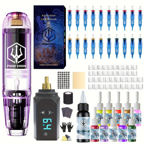 Tattoo Pen Machine Kit Wireless Rotary Tattoo Gun with LED Display Coreless Motor Complete Tattoo Kit with Cartridge Needles Power Supply for Beginners & Professional Artists