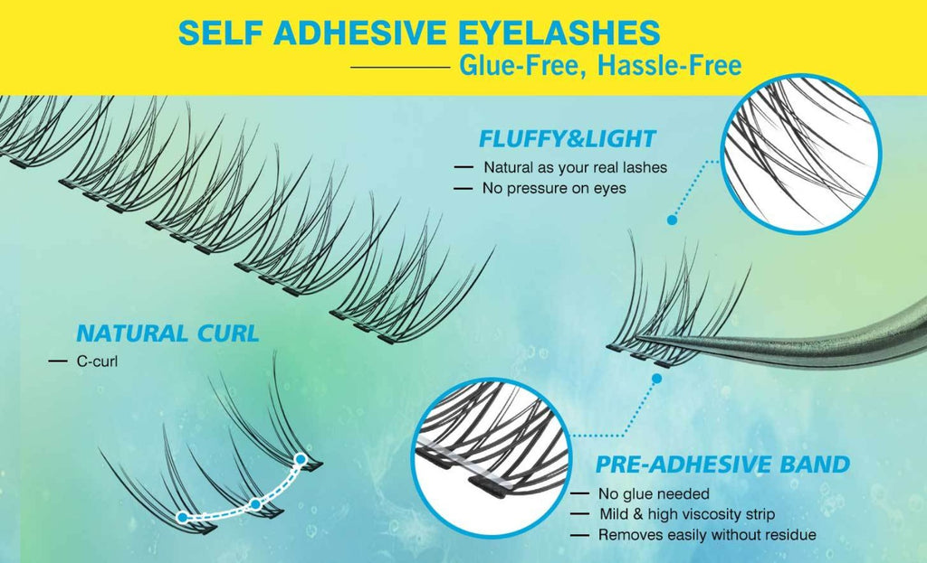 Self Adhesive Lash Clusters No Glue Needed, Lightweight Lashes Clusters Kit, Pre Glued Wispy Cluster Lashes Natural Volume Press On Lashes with 2 Tweezers, Reusable Eyelashes, Beginner Friendly Casual Attire Lashes Fluffy Individual Cluster Eyelashes