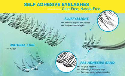Self-Adhesive Lash Clusters Kit Pre-Glued Wispy Press-On Lashes — No Glue Needed, Natural & Thick Volume, Reusable, Beginner-Friendly, Includes 2 Tweezers, Fluffy Individual Cluster Eyelashes