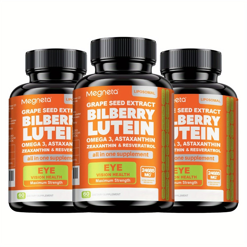 MEGNETA Eye Vitamins Lutein And Zeaxanthin Supplements, 24685 Per Serving | 60 Capsules, Enhanced with Astaxanthin, Omega-3, Bilberry And Resveratrol, Eye Vitamins & Vision Health Support