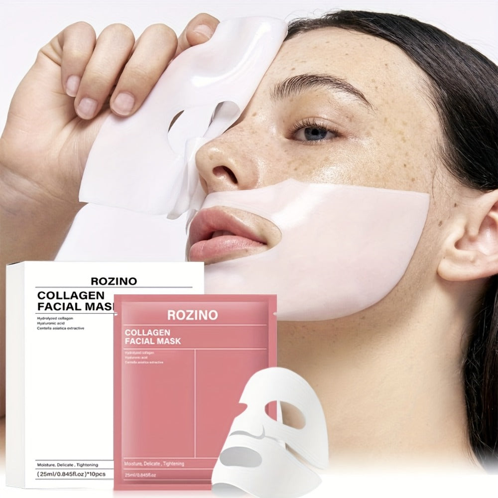 ROZINO 10-Pcs Bio-Collagen Mask Set - Intense Hydration for Dewy, Smooth & Glowing Skin! Alcohol-Free & Gently Lemon Scented, The Perfect Hypoallergenic Care & Holiday Glow for All Skin Types!(25Ml/ 0.845Fl.Oz)*10pcs