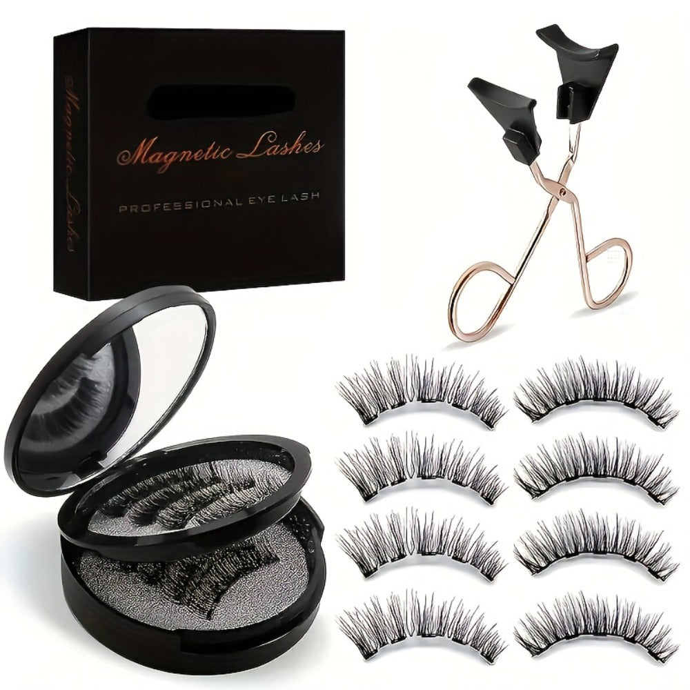 8 Pairs of Natural Glue Free 3D False Eyelashes, No Eyeliner, Reusable Dual Magnetic False Eyelashes Set, with Clip, Reusable, Waterproof, Glue Free, Easy to Wear At Christmas, Ladies Gift