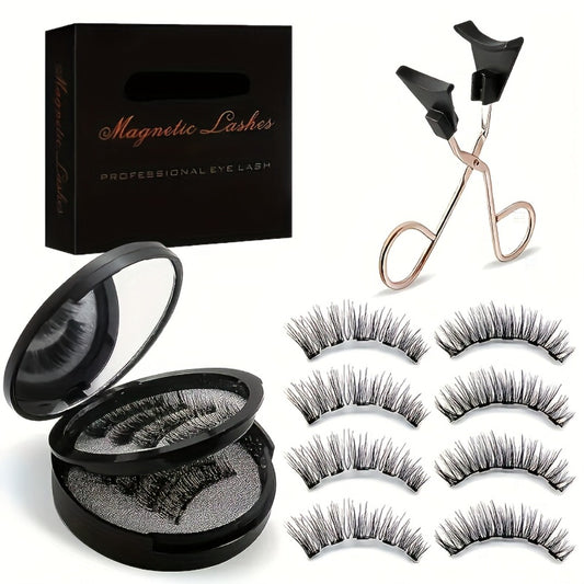 8 Pairs of Natural Glue Free 3D False Eyelashes, No Eyeliner, Reusable Dual Magnetic False Eyelashes Set, with Clip, Reusable, Waterproof, Glue Free, Easy to Wear At Christmas, Ladies Gift