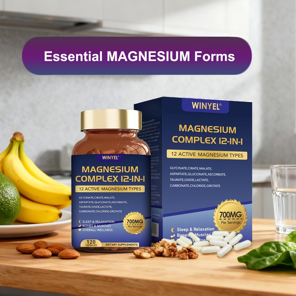 12-in-1 Magnesium Complex Supplement 700 MGwith Glycine, Citrate, Malate, Oxide, Taurine, Aspartate, And Magnesium Phosphate for Sleep, Mood, Nerve, Heart Health, Muscle Function, 120 Capsules