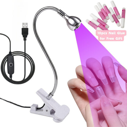 LED Nail Dryer Clip-On Hands-Free Flexible Metal Tube Multi-Color Lighting with 10pc Nail Glue Manicure Pedicure Tool Holiday Birthday Gift White Black