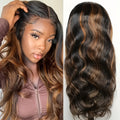 Lace Front Wig Featuring Brown Highlights - 200% Density Human Hair Wig, Pre-Plucked Hairline, No Glue Needed, Naturally Styled Long Black And Brown Highlighted Wig, Unisex, Ideal for Everyday Use, Easy to Style with Heat Tools, Wavy Texture