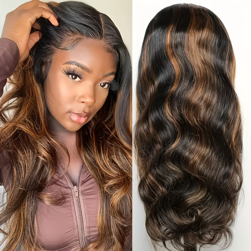 Lace Front Wig Featuring Brown Highlights - 200% Density Human Hair Wig, Pre-Plucked Hairline, No Glue Needed, Naturally Styled Long Black And Brown Highlighted Wig, Unisex, Ideal for Everyday Use, Easy to Style with Heat Tools, Wavy Texture