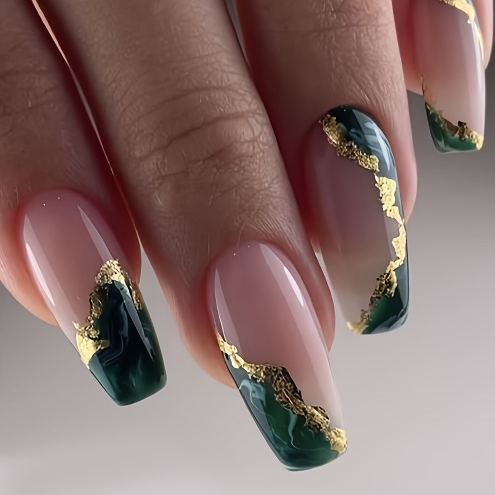 144pcs Coffin Press On Nails Medium Length Fake Nails Artificial False Nails with Blue Marble & Sequins Designs Glossy Acrylic Nails Nude Full Cover Glue On Nails for Women 6pcs