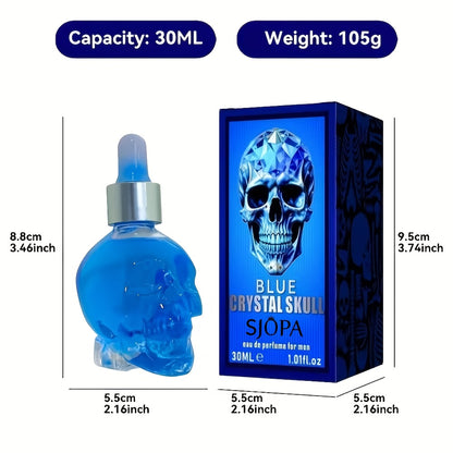 Alcohol-Free Perfume Oil for Men Blue Crystal Skull Bottle 30ml Woody Cologne Long Lasting Portable Travel Fragrance Unique Gift for Him