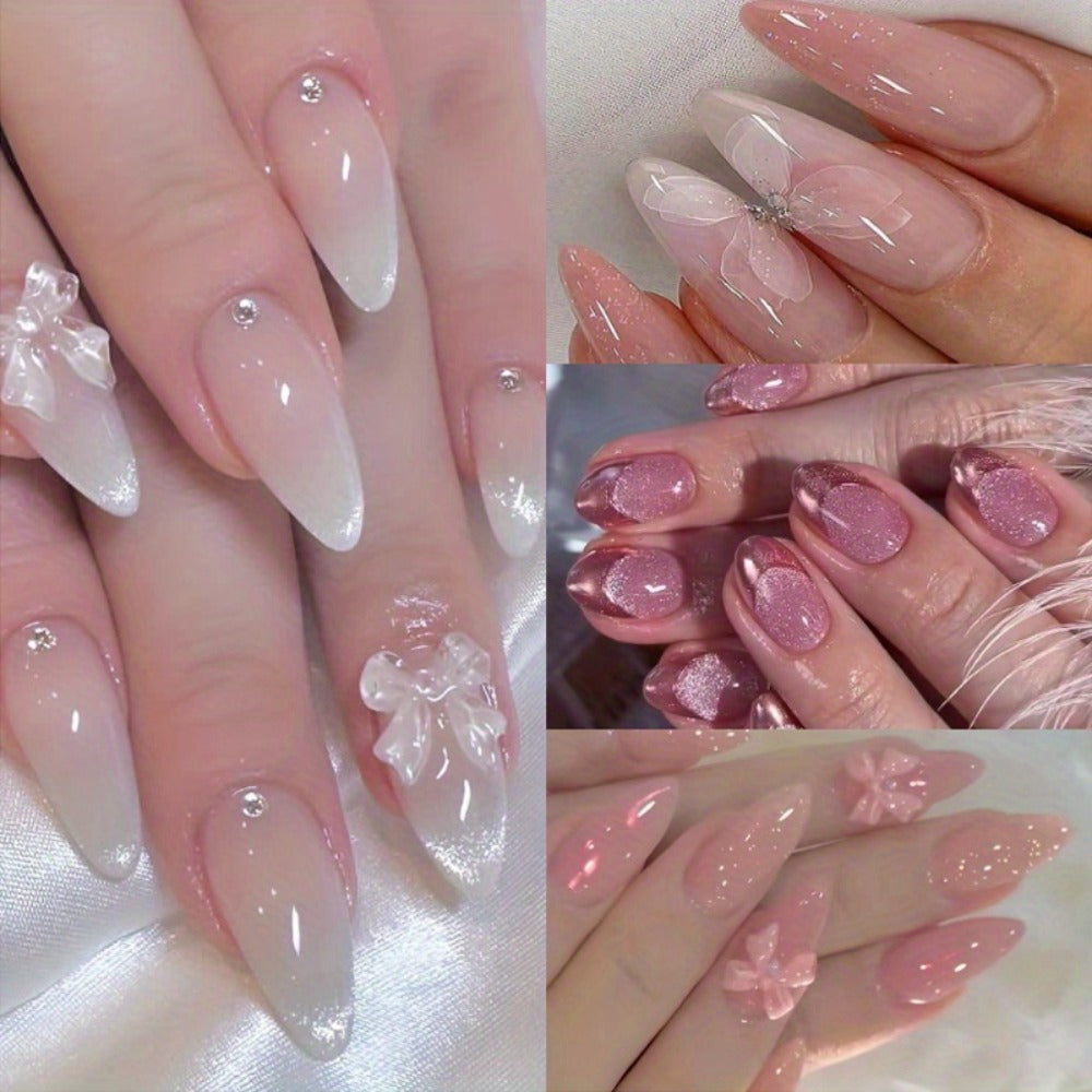 96pcs 4pcs Shiny Ice Pink Gradient Almond Nails - Exquisite Flower Butterfly Design, Easy to Bloom with Press - Perfect Daily Wear for Women and Girls