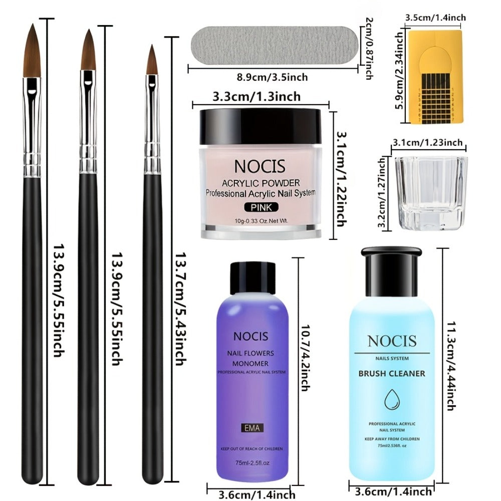 1 Set NOCIS Acrylic Nail Kit - Clear Pinkish Nude Powder, Non-Yellowing Liquid, Brush Cleaner & Professional Nail Art Tools for Salon-Quality Home Manicure, Unscented, Nail Accessories